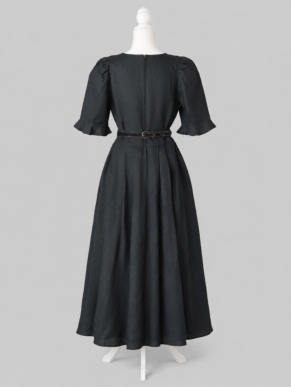 Vintage Black Maxi Linen Dress with Belt, Gothic, Medieval, Cottagecore - Picture 8 of 12